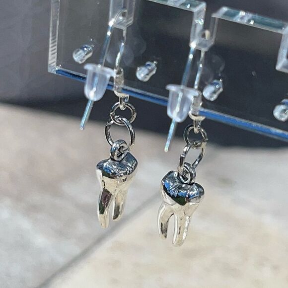 SIMPLE SILVER TOOTH FAIRY DROP EARRINGS - Picture 5 of 8